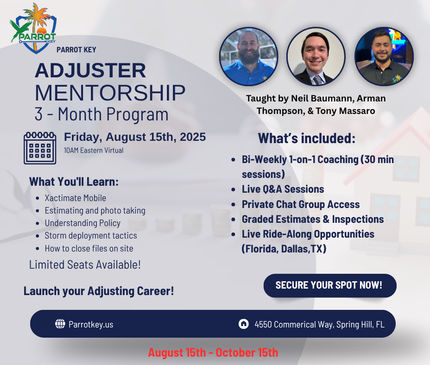 Parrot Key Mentorship for Independent Adjusters & Public Adjusters - PER MONTH - August 15th