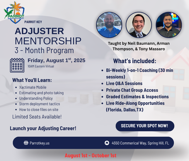 Parrot Key Mentorship for Independent Adjusters & Public Adjusters - FULL 3 MONTH purchase