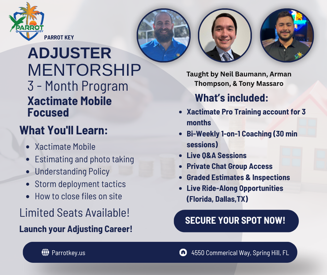 Parrot Key Mentorship for Independent Adjusters & Public Adjusters - FULL 3 MONTH purchase